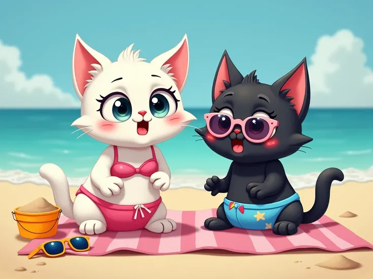 two anthropomorphic kittens.  A white cat with big eyes and a pink bikini ,  and a small black cat wearing blue swim shorts with drawings . Both are surprised and scared, seated on a beach towel ,  with accessories such as sunglasses and a bucket of sand a...