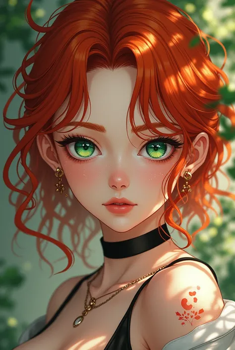 Redhead girl with green eyes,  with vitiligo, sexy. in anime style 