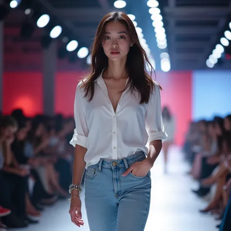 A vibrant Paris Fashion Week runway scene featuring a beautiful Asian female model wearing casual, everyday clothing. The model has a composed expression, appearing elegant and poised as she walks confidently down the runway. She is captured in a moment wh...