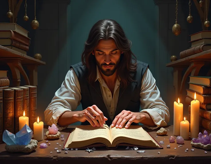 A person studying books about palmistry, surrounded by ancient books and mystical symbols. The table is decorated with candles and crystals, creating a learning and mysterious atmosphere.