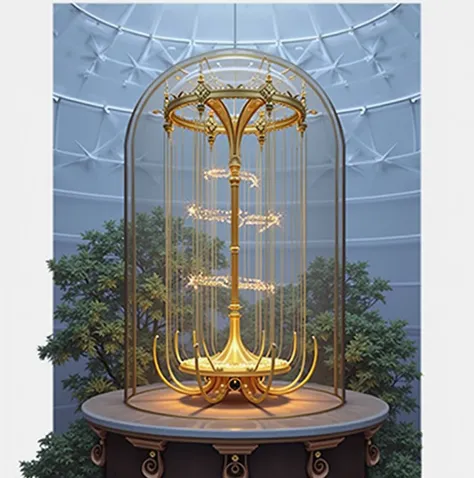 The image of a golden chandelier with seven rods inside a glass dome 