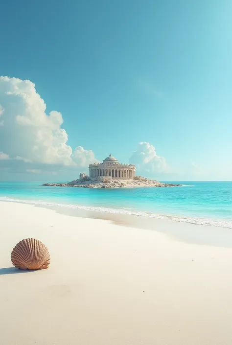 Create a flat deserted beach with white sand and crystal clear sea . in the middle of the sea,  There is an island where the remains of the Roman Colosseum are buried under the sand and it includes a small island where there is a giant sea shell