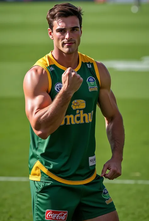 Jacob Elordi. The image is a high-resolution photograph of Jacob Elordi standing on an Australian football field. He has a light skin tone with a slight tan and short, brown hair. He is clean shaven. His facial expression is confident with a cocky smirk di...