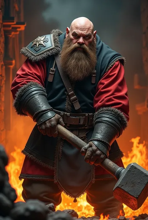 Dwarf Blacksmith in black and red outfit wielding a massive hammer in a hot forge , zoom in portrait