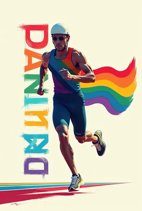 Draw a runner ,  with a white helmet and a flag of the LGBT community,  practicing running and with letters that read: "Dynamo Runners "