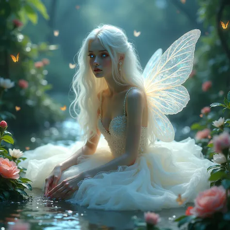 Beautiful woman fairy, big Iridescent eyes, long flowy white hair, Albino, White skin, wearing a white tule fluffy gown with sparkles, iridescent fairy wings, sitting on a plush petals, background with plants and flowers, relax pose, eathereal light, glowy...