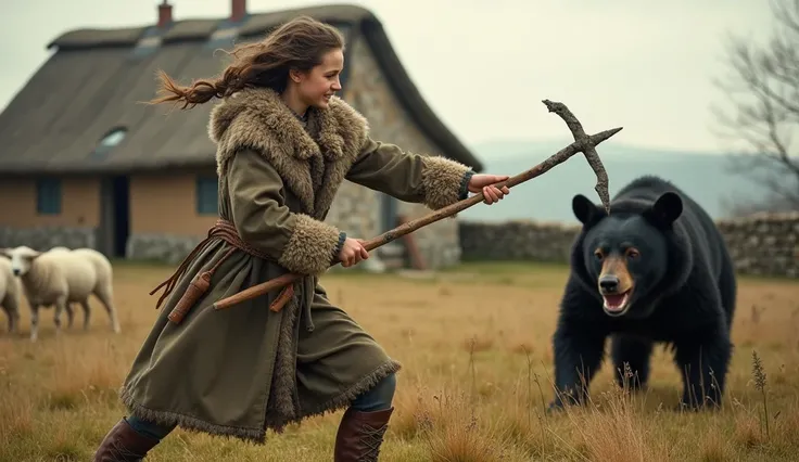 (HIGH QUALITY), A thached roof cottage in background, stone walled field, a young female shepherd wielding a natural shephards crook, aggressively chasing off a large black bear from a small flock of sheep, (perfect skin), (perfect hands)