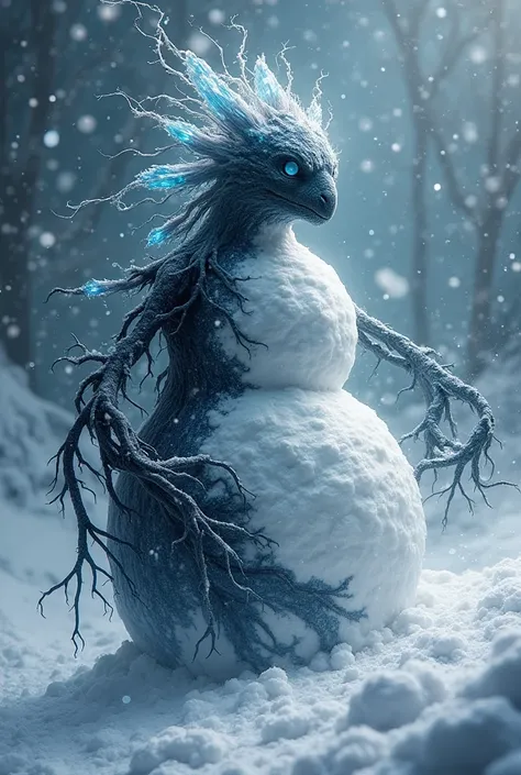 Majestic, otherworldly Snowman with White and black body, celestial-like lower body with vine-like tendrils, upper body with crystalline and electricity-like structures, mythical aura. snow particles and snowflakes that create tempest in the background hig...