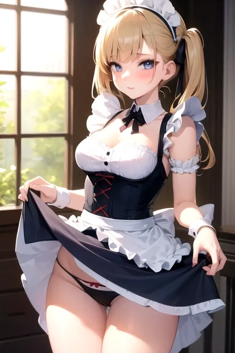 Sexy girl in a maid dress and whose skirt is much, much longer but much shorter, too short, too short and you can see the panties