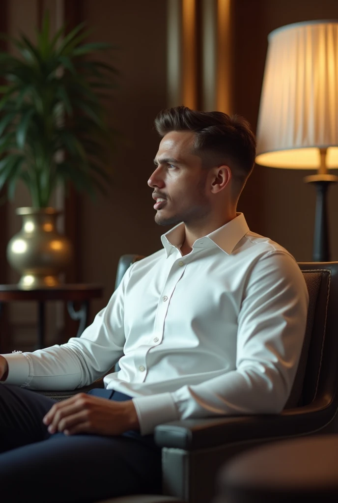  The person in the picture made him a man wearing a classy white shirt with a beautiful background inside a classy house sitting on a chair close to the screen