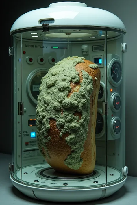 Moldy bread inside an airtight bag lined with dials