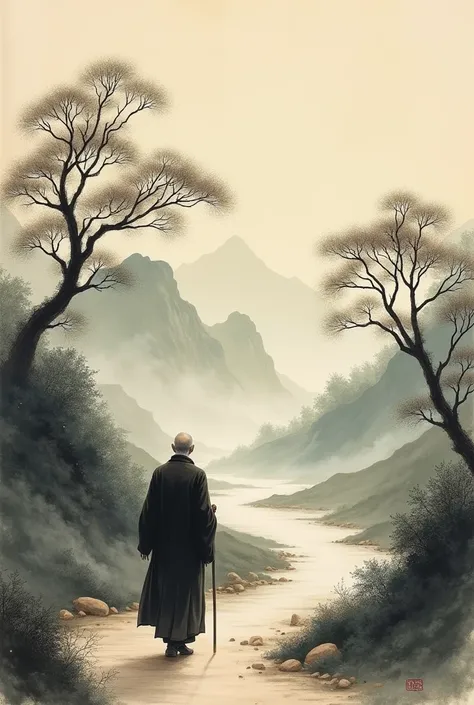 Oriental painting that means the end. An old man turning his back and leaving somewhere