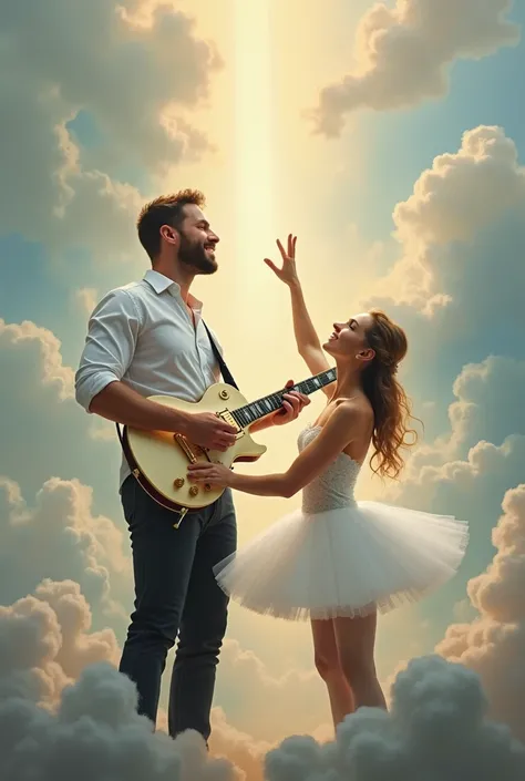  A musician with a white and gold Les Paul guitar and a ballerina. Both praising God . I want them both on the back