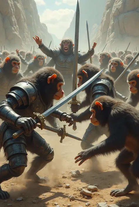 Monkey and Dogs are fighting against human. All are wearing iron armor on body and hold sword in fighting.