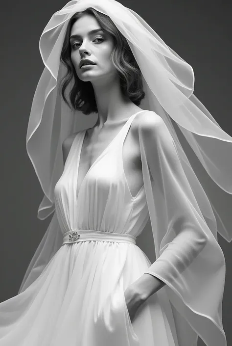 a woman in a white dress with a veil on her head, a black and white photo inspired by Maciej Kuciara, shutterstock contest winner, op art, fine art fashion photography, iris van herpen rankin, flowing fabric, draped in transparent cloth, draped in flowing ...