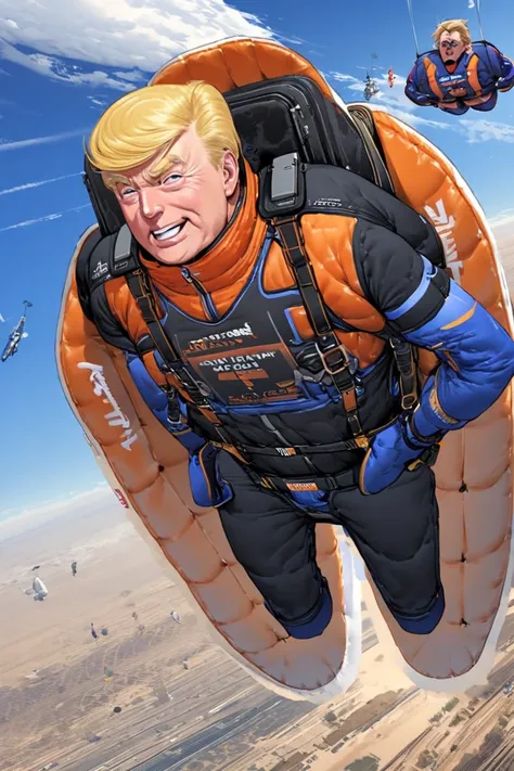 donald trump is skydiving by himself , hes coming on freefall , his wearing a skydiving jersey underneath his harness , no parachute is open , the parachute is still inside the backpack