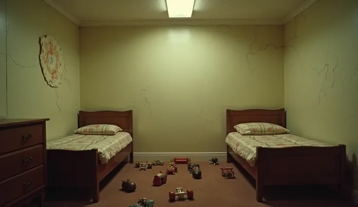 A simple, vintage bedroom in a 1970s British house with two single beds. One bed is tilted as if being pushed by an invisible force, while toys on the floor appear to float slightly in the air. The walls are cracked and dimly lit by a weak ceiling lamp.
