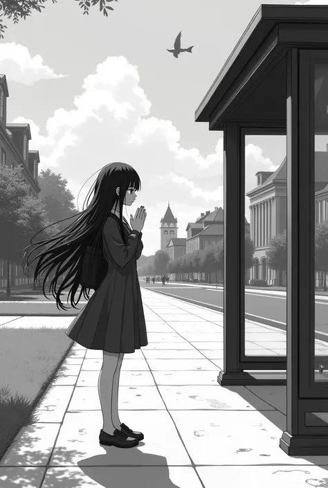  you have a girl with praying hair , University, Waiting for the bus ,  draw her black and white anime type  