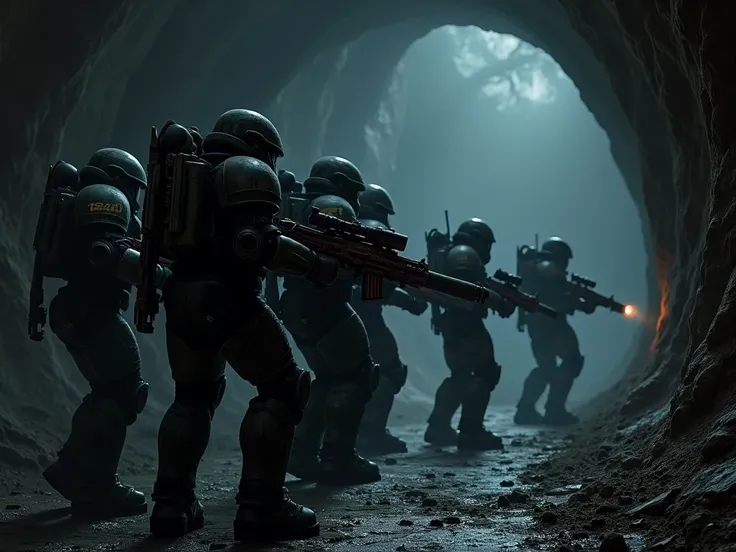 A group of 5 space marines, in a dark cave, multi-tunnel cave, protecting each others rear, very dark, no light, feeling surrounded. side view