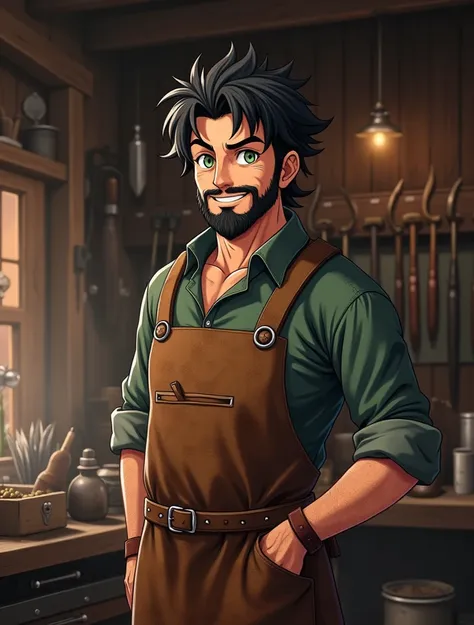  a 40-year-old male anime character , black hair and beard,  light green eyes , blacksmith clothes,  inside a shed with several weapons hanging on the wall, sincere smile