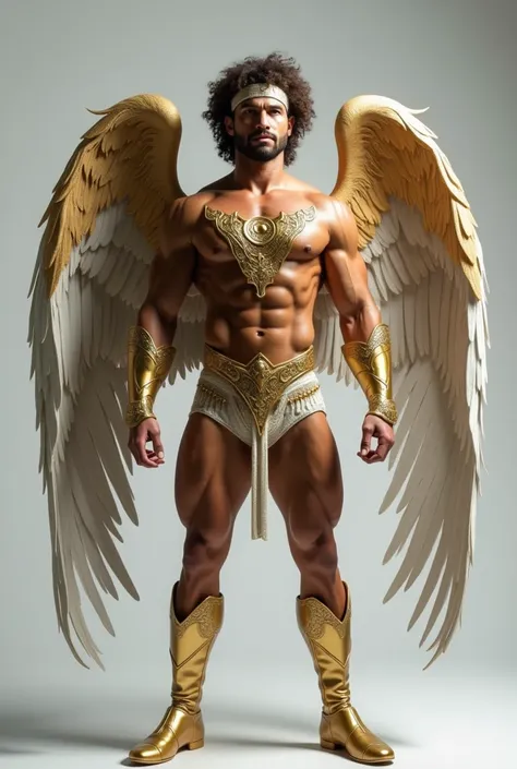  Realistic archangel man with closed wings  ,   curly hair and wearing a headband  ,   wearing a latex uniform around his white body with a golden superhero type, golden boots , standing,  light gray background of the image   