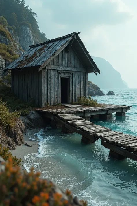 Sur le bord de mer, an old abandoned cabin with a well and a damaged wooden pontoon 