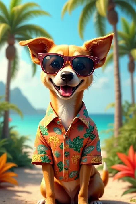 Dog wearing Juliet sunglasses and Florida button down shirt 
