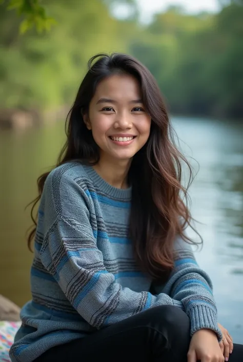  A very beautiful 20-year-old Indonesian woman with delicate skin and radiant,  long brown to black hair ,  and sparkling brown eyes . He was wearing a blue and grey striped knit sweater and black jeans.  He sits by the river on a cozy blanket ,  enjoys a ...