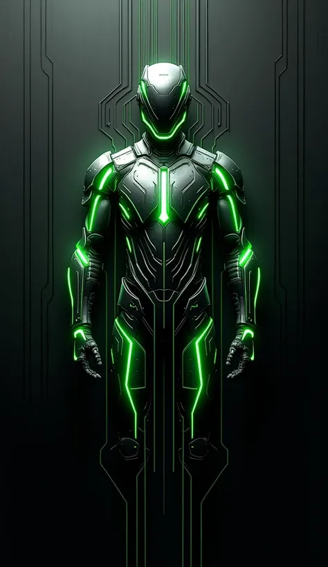 Abstract futuristic wallpaper in HD 8K resolution, featuring a sleek black metallic background with a glowing green neon circuit design. The centerpiece showcases a sharp, symmetrical, armor-like pattern with angular lines and illuminated green accents, gi...