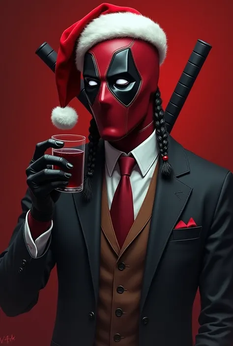  Profile of Deadpool   ,  dressed in a suit and tie.   Christmas hat ,    hair with tied black braids ,  black eyes,   background with a moderate beard and mustache  .    A dark, gradient red  .   Do it in a pose as if you were drinking,  but not looking s...