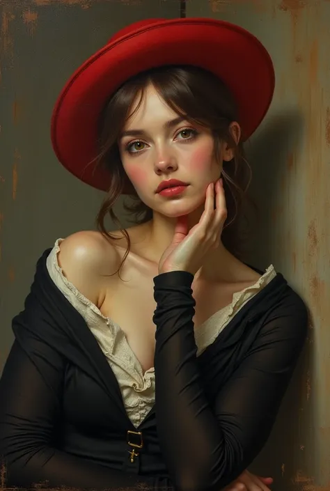 a painting of a woman wearing a red hat, only gorgeous Belgian woman trending art station, stunning elegant pose, the thinker, a thousand years of desire, breathtakingly beautiful dreamer, expressive, waiting patiently, expressive!!!! !, connecting life, m...