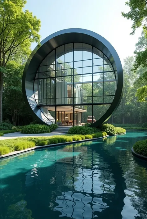 A modern, circular glass and steel building surrounded by a lush, green landscape with a  of water in the foreground during the day