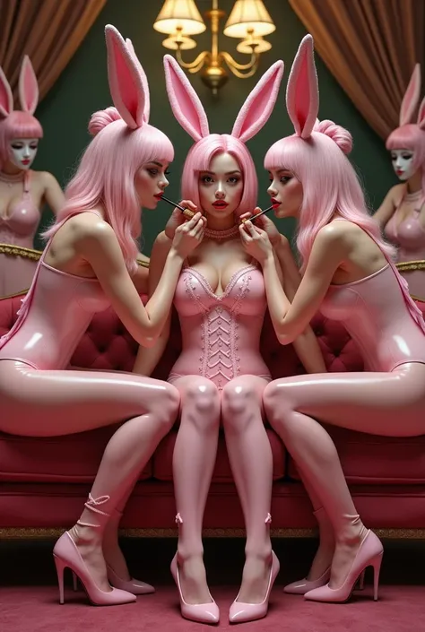 a group of pokemon trainer latex bunny suits with high heels helping out there boss with make up and putting lip stick on her face while all the maids were mask