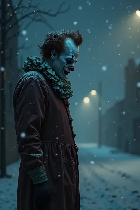 A serious clown ,  reflective and sad the dark night while it snows