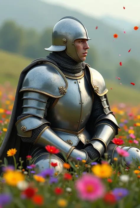 The knight sits pensively among a field of flowers, with flower reflections all over his armorand helmet