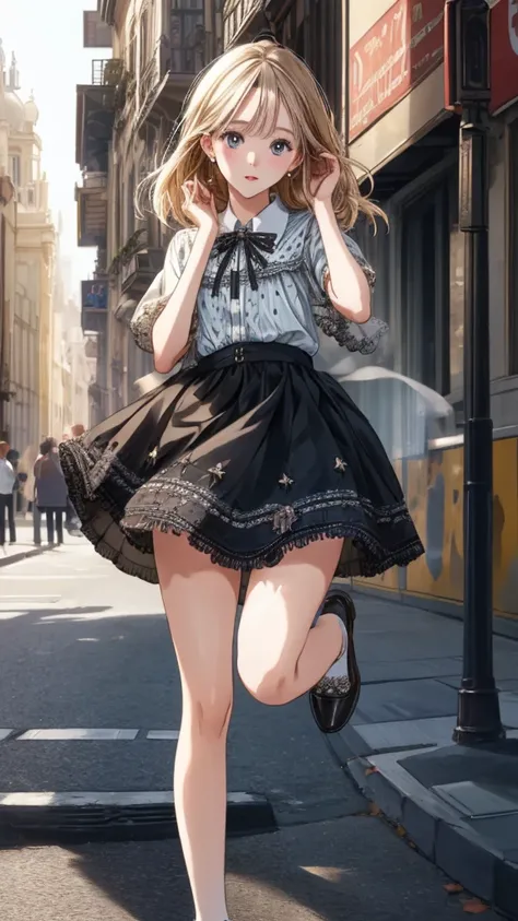 1beautiful European girl on the street, A polka dot one peace dress, (skirt fluttering and spinning, Rotating on one leg), hands up, Look at the camera, from front,
Highest quality, Realistic, Photo Realistic, Award-winning photography, (Intricate details)...