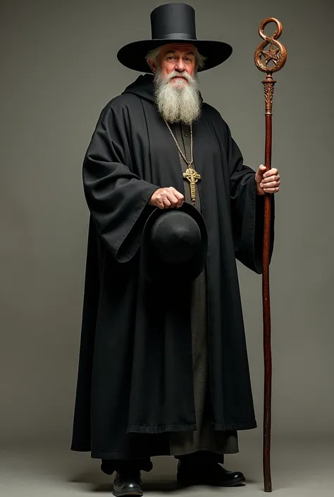 
 The image shows a middle-aged man , of advanced age,  wearing a long dark robe and a wide-brimmed hat, who appears to be a priest or a clergyman .  He is holding a staff and a hat in his hands . He is standing 