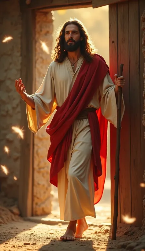 
A sacred and heartwarming scene featuring Jesus Christ, portrayed as a man with long, wavy brown hair and a neatly groomed beard. He is dressed in a cream-colored tunic, accented with a flowing red mantle draped over his shoulders, symbolizing his compass...