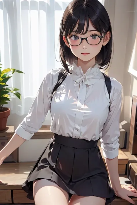 (( best quality)), ((傑 best quality、masterpiece、High sensitivity、 high definition 、 Details、 Delicate Facial Description)), Slender woman、Glasses、 Mini Skirt、 M-shaped leg opening、