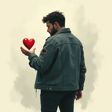 Sad musical logo a little chubby Solo wounded with heart in hand, From behind, distressed jacket,  illustration, 