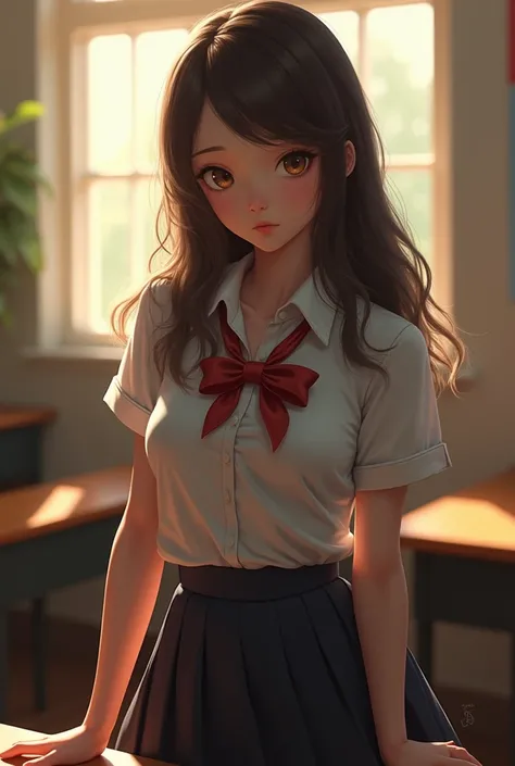 ( masterpiece , better_quality:1.2), 1girl, Alone, beautiful,  huge _breasts:1.4, school_girl_attire:1.5,  detailed eyes,  Detailed lips ,  long eyelashes , beautiful, elegant, serene expression,  intricate details , photorealistic,  studio lighting ,   br...