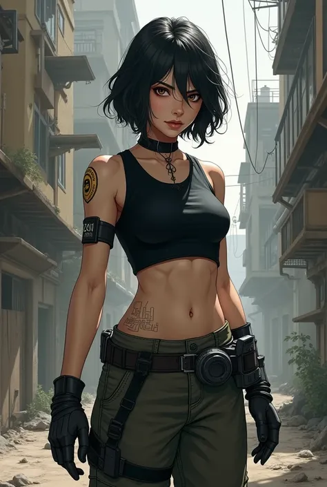 Create in the arcane drawing style, a character from Zaun , short hair and brown eyes,  pale skin and black hair color ,  using a black cropped and gloves as well, cargo pants