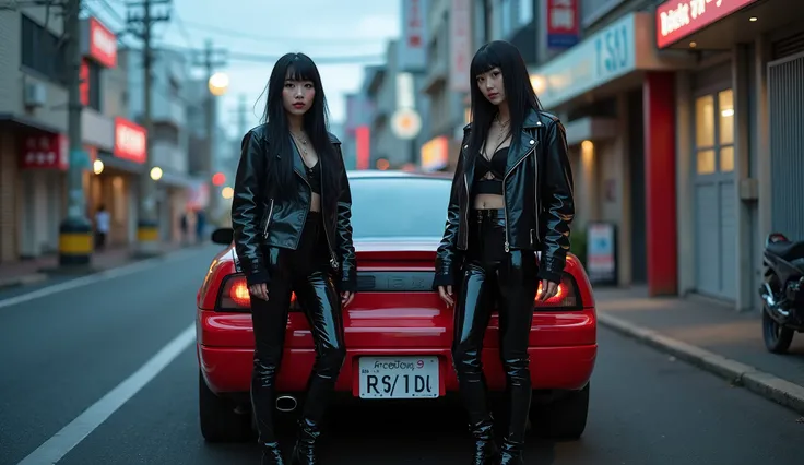 realistic photo , 2 punk asian woman standing , wearing black shinny pvc jumpsuit , shinny pvc jacket , wearing black shinny pvc thigh high boots , shinny pvc long gloves , in japanese street at dusk with nissan 180 sx