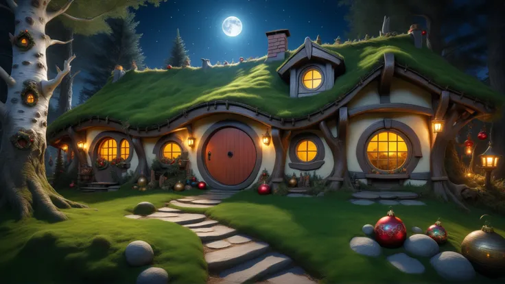 Raw photo, 8k uhd, dslr, photo-realistic, hyperrealism, 8k resolution, hdr, highly detailed, ultra detailed. 
The house of the hobbit in the birch grove ,  night ,(),Christmas tree and ornaments on the house,
Moss, moon light, , rays of light through the l...