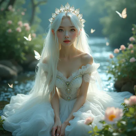 Beautiful woman fairy, big Iridescent eyes, long flowy white hair, Albino, White skin, wearing a white tule fluffy gown with sparkles, iridescent fairy wings, sitting on a plush petals, background with plants and flowers, sitting elegant pose, Innocent fac...