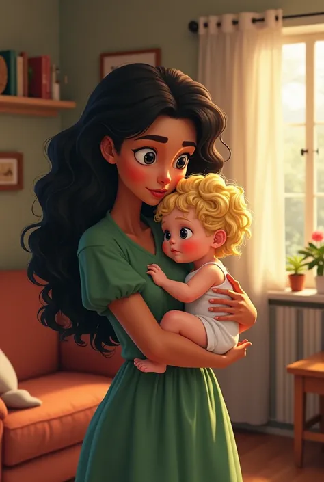 a 20-year-old woman with long curly black hair in a green dress changing her diaper to a  blond baby with curlers white skin in a house in a room 