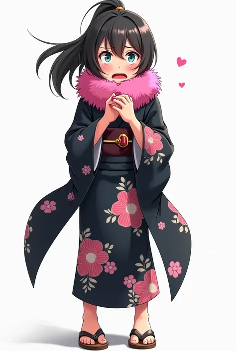 Animated adolescent woman with black yukata with flowers and getas and with pink and fur nails on her front full body, full white background with her fists on her chest and with emotions of worry and fear and sadness and begging and with tears and opening ...