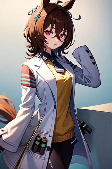  Agnes Tachyon 、Horse Girl、One person、 girl、Horse ears、Horse tail、 earring on one side 、Red eyes、 lines in eyes 、 shorthair、 brown hair 、Jacket、（White coat:1.2)、(bigger sleeve than wrist :1.1)、 yellow big sweater、 ties、 black pantyhose 、Stray hair、best qua...