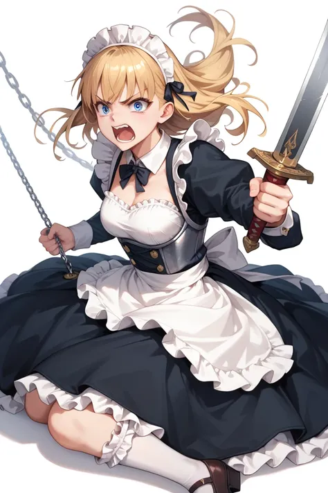 1 girl, maid, sitting, frilled socks, from front, character portrait, full body, gacha art, white background, sword, mid swing pose, attack pose, sword over head, yelling expression, blonde hair, battle maid, armor, maid dress, masterpiece, best quality, u...