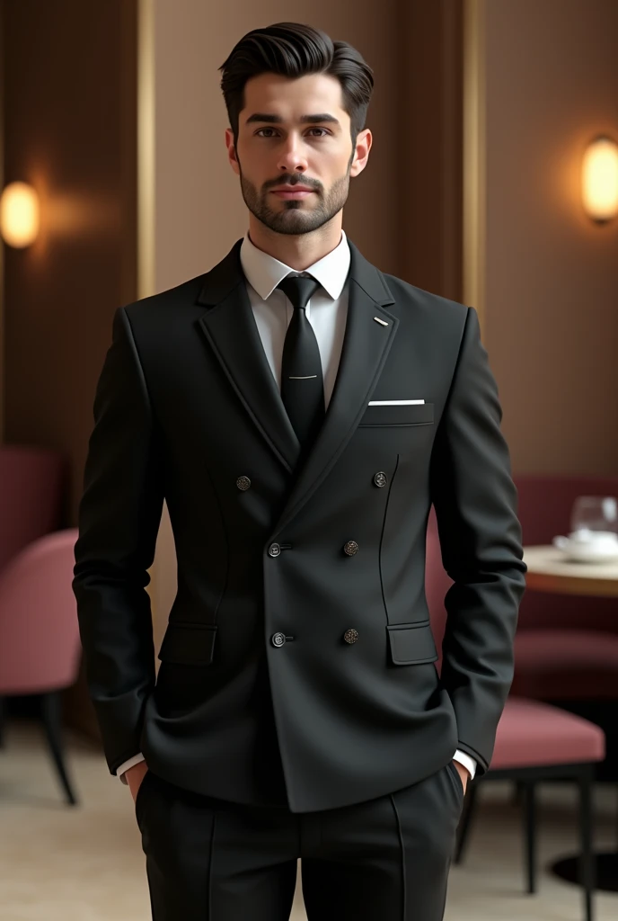 waiter wearing full black outfit realistic 3D